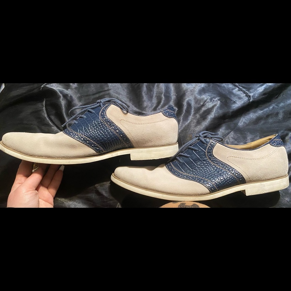 Size 13 STACY ADAMS mens laced loafers tan suede/navy gator